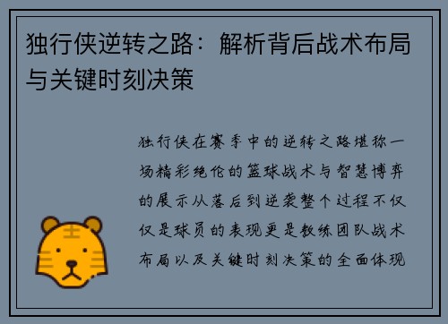 独行侠逆转之路：解析背后战术布局与关键时刻决策