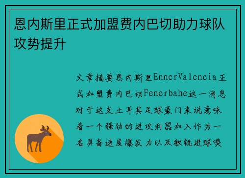 恩内斯里正式加盟费内巴切助力球队攻势提升