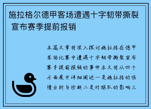 施拉格尔德甲客场遭遇十字韧带撕裂 宣布赛季提前报销