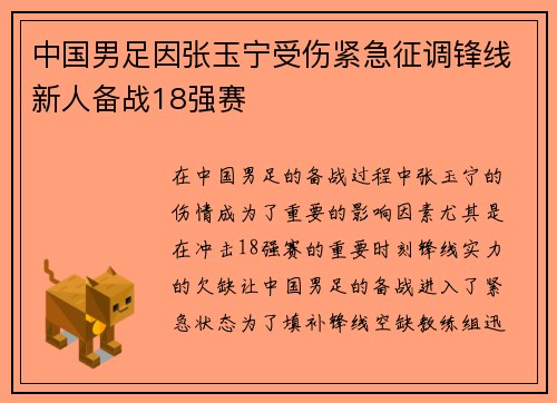 中国男足因张玉宁受伤紧急征调锋线新人备战18强赛