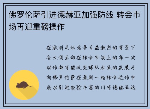 佛罗伦萨引进德赫亚加强防线 转会市场再迎重磅操作