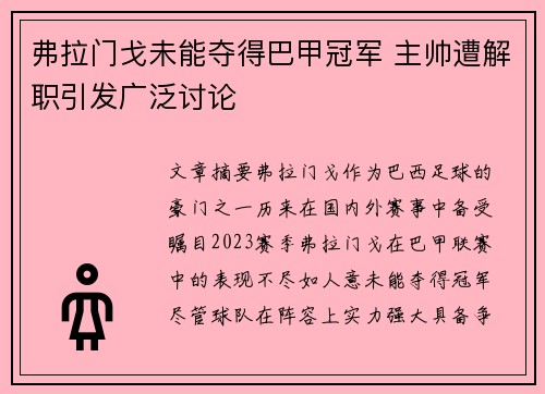 弗拉门戈未能夺得巴甲冠军 主帅遭解职引发广泛讨论